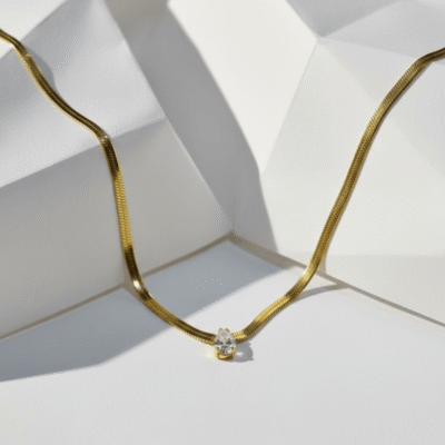 Gold-Plated Snake Chain Necklace with Teardrop Crystal Pendant